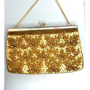 Vintage Gold Beaded Evening Bag w/Mother of Pearl Inlay - Bags By Debbie HK